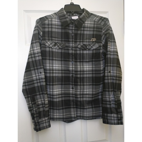 LOGO by Lori Goldstein Tops - Columbia Flannel Shirt‎ Women's Large Black Gray Plaid Purdue Logo